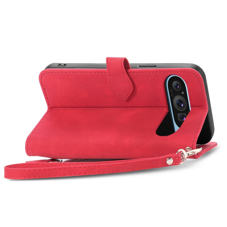 For Google Pixel 9 Embossed Flower Zipper Leather Phone Case(Red) by buy2fix