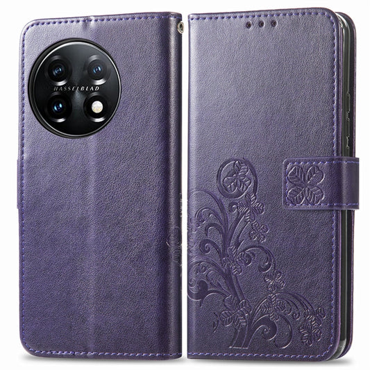 For OnePlus 11 Four-leaf Clasp Embossed Buckle Leather Phone Case(Purple) - OnePlus Cases by buy2fix | Online Shopping UK | buy2fix