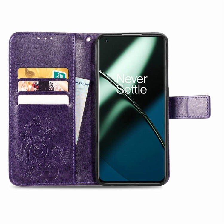 For OnePlus 11 Four-leaf Clasp Embossed Buckle Leather Phone Case(Purple) - OnePlus Cases by buy2fix | Online Shopping UK | buy2fix