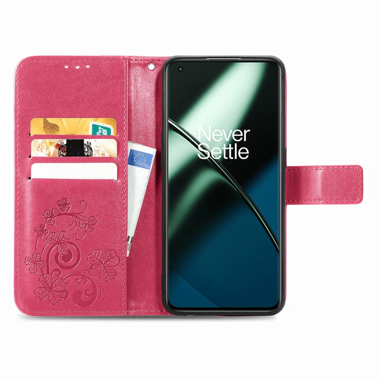 For OnePlus 11 Four-leaf Clasp Embossed Buckle Leather Phone Case(Rose) - OnePlus Cases by buy2fix | Online Shopping UK | buy2fix
