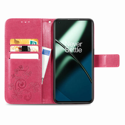 For OnePlus 11 Four-leaf Clasp Embossed Buckle Leather Phone Case(Rose) - OnePlus Cases by buy2fix | Online Shopping UK | buy2fix