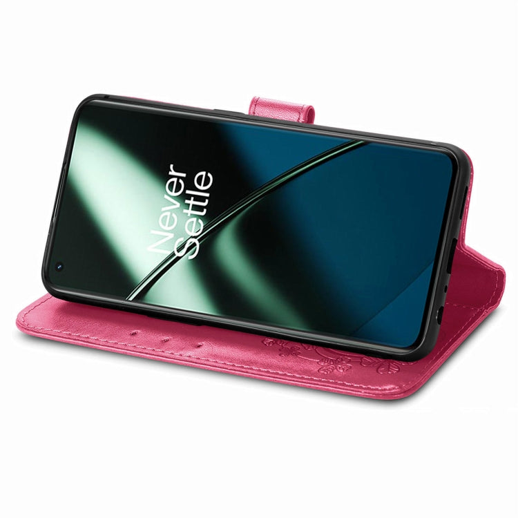 For OnePlus 11 Four-leaf Clasp Embossed Buckle Leather Phone Case(Rose) - OnePlus Cases by buy2fix | Online Shopping UK | buy2fix
