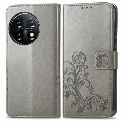 For OnePlus 11 Four-leaf Clasp Embossed Buckle Leather Phone Case(Gray) - OnePlus Cases by buy2fix | Online Shopping UK | buy2fix