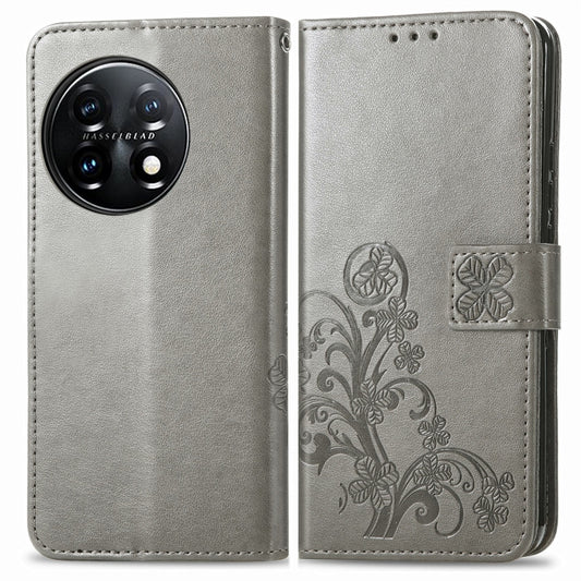 For OnePlus 11 Four-leaf Clasp Embossed Buckle Leather Phone Case(Gray) - OnePlus Cases by buy2fix | Online Shopping UK | buy2fix