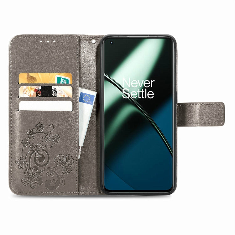 For OnePlus 11 Four-leaf Clasp Embossed Buckle Leather Phone Case(Gray) - OnePlus Cases by buy2fix | Online Shopping UK | buy2fix