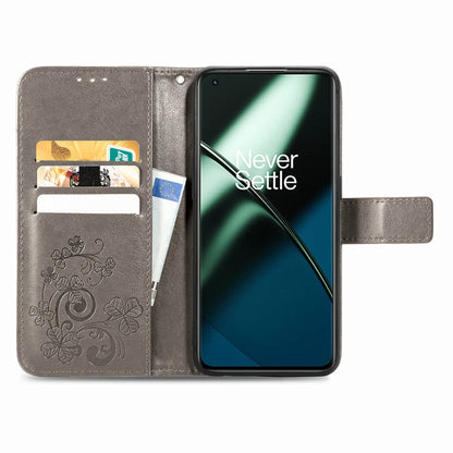For OnePlus 11 Four-leaf Clasp Embossed Buckle Leather Phone Case(Gray) - OnePlus Cases by buy2fix | Online Shopping UK | buy2fix