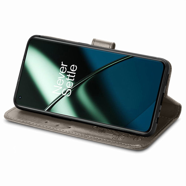 For OnePlus 11 Four-leaf Clasp Embossed Buckle Leather Phone Case(Gray) - OnePlus Cases by buy2fix | Online Shopping UK | buy2fix