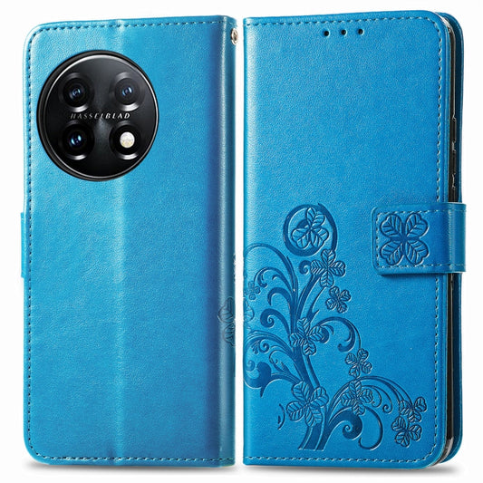 For OnePlus 11 Four-leaf Clasp Embossed Buckle Leather Phone Case(Blue) - OnePlus Cases by buy2fix | Online Shopping UK | buy2fix