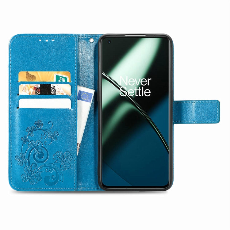 For OnePlus 11 Four-leaf Clasp Embossed Buckle Leather Phone Case(Blue) - OnePlus Cases by buy2fix | Online Shopping UK | buy2fix