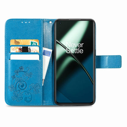 For OnePlus 11 Four-leaf Clasp Embossed Buckle Leather Phone Case(Blue) - OnePlus Cases by buy2fix | Online Shopping UK | buy2fix