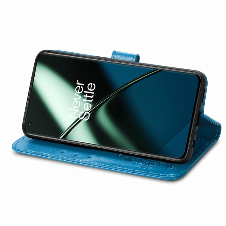 For OnePlus 11 Four-leaf Clasp Embossed Buckle Leather Phone Case(Blue) - OnePlus Cases by buy2fix | Online Shopping UK | buy2fix