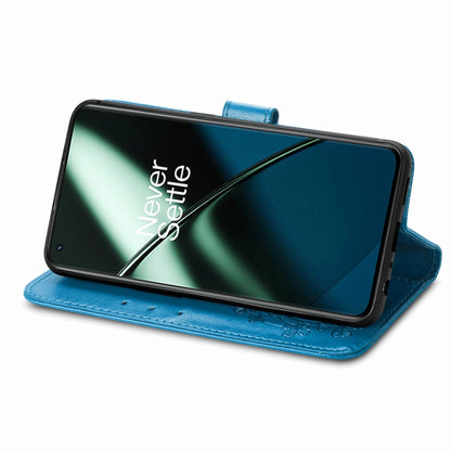For OnePlus 11 Four-leaf Clasp Embossed Buckle Leather Phone Case(Blue) - OnePlus Cases by buy2fix | Online Shopping UK | buy2fix