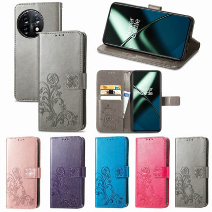 For OnePlus 11 Four-leaf Clasp Embossed Buckle Leather Phone Case(Rose) - OnePlus Cases by buy2fix | Online Shopping UK | buy2fix