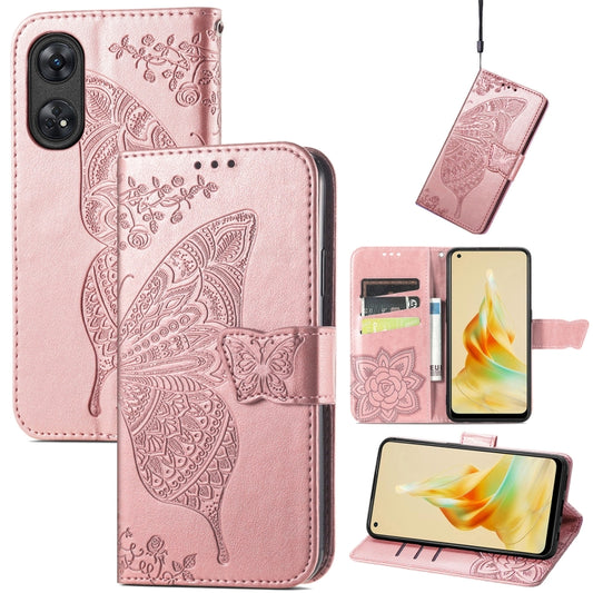 For OPPO Reno8 T 4G Butterfly Love Flower Embossed Leather Phone Case(Rose Gold) by buy2fix
