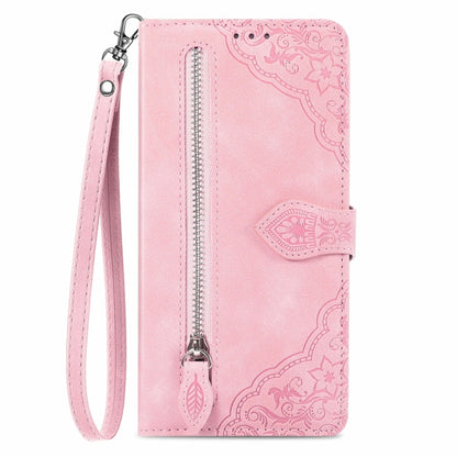 For OnePlus 12 Embossed Flower Zipper Leather Phone Case(Pink) - OnePlus Cases by buy2fix | Online Shopping UK | buy2fix