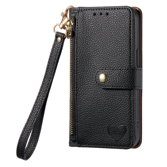 For iPhone 14 Plus Love Zipper Lanyard Leather Phone Case(Black) - iPhone 14 Plus Cases by buy2fix | Online Shopping UK | buy2fix