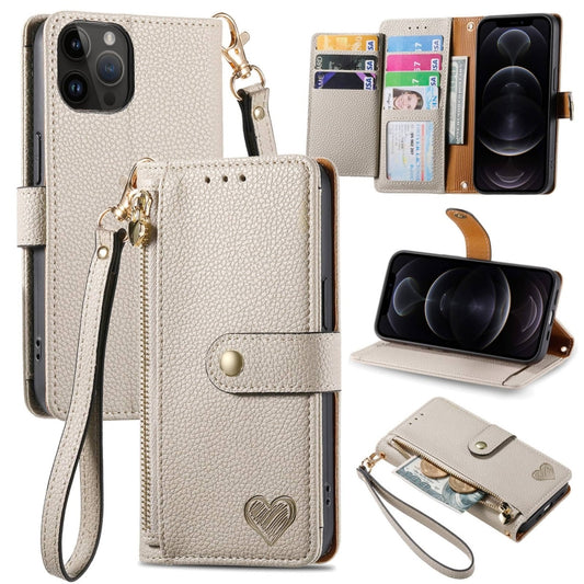 For iPhone 12 / 12 Pro Love Zipper Lanyard Leather Phone Case(Gray) - iPhone 12 / 12 Pro Cases by buy2fix | Online Shopping UK | buy2fix