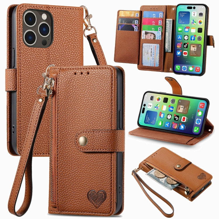 For iPhone 16 Pro Love Zipper Lanyard Leather Phone Case(Brown) by buy2fix
