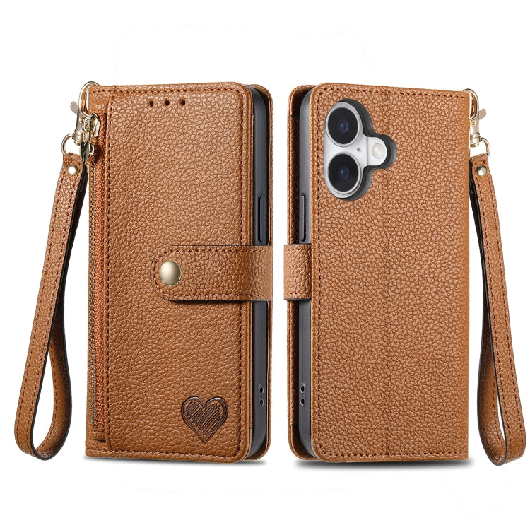 For iPhone 16 Pro Love Zipper Lanyard Leather Phone Case(Brown) by buy2fix