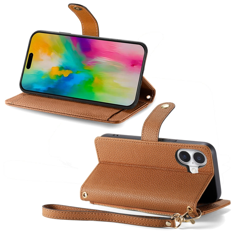 For iPhone 16 Pro Love Zipper Lanyard Leather Phone Case(Brown) by buy2fix