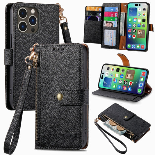 For iPhone 16 Pro Love Zipper Lanyard Leather Phone Case(Black) by buy2fix