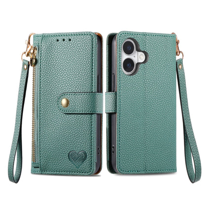 For iPhone 16 Pro Love Zipper Lanyard Leather Phone Case(Green) by buy2fix
