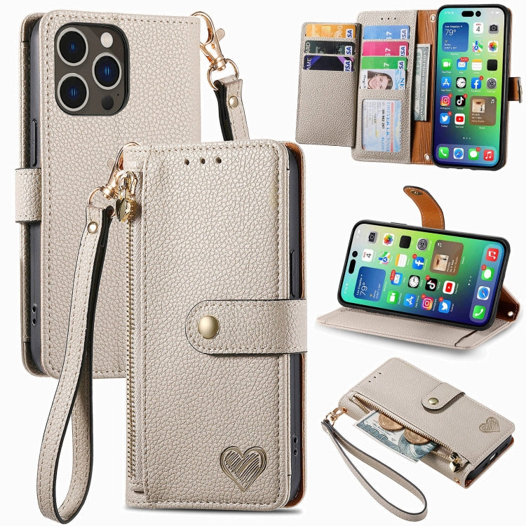 For iPhone 16 Pro Love Zipper Lanyard Leather Phone Case(Gray) by buy2fix
