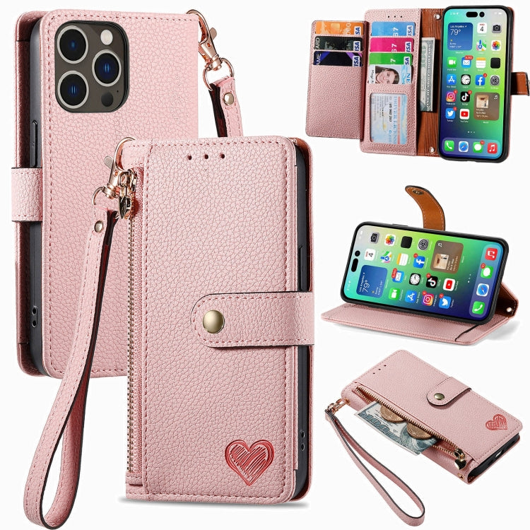 For iPhone 16 Pro Max Love Zipper Lanyard Leather Phone Case(Pink) by buy2fix