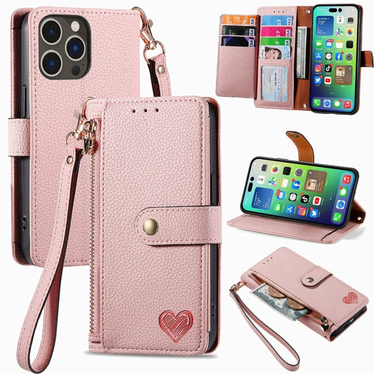 For iPhone 16 Pro Max Love Zipper Lanyard Leather Phone Case(Pink) by buy2fix