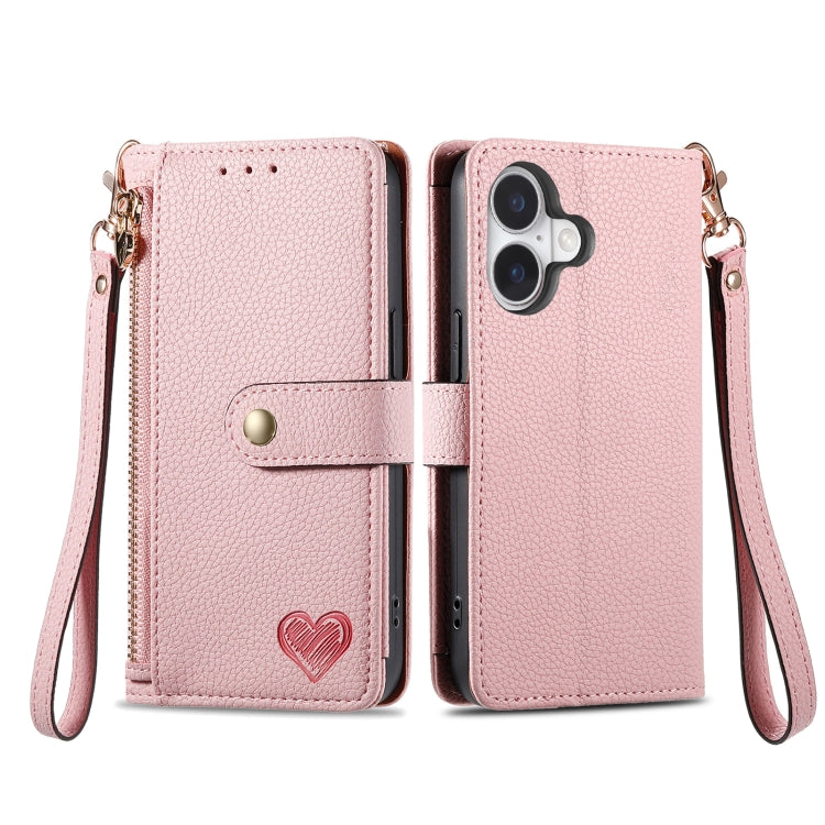 For iPhone 16 Pro Max Love Zipper Lanyard Leather Phone Case(Pink) by buy2fix