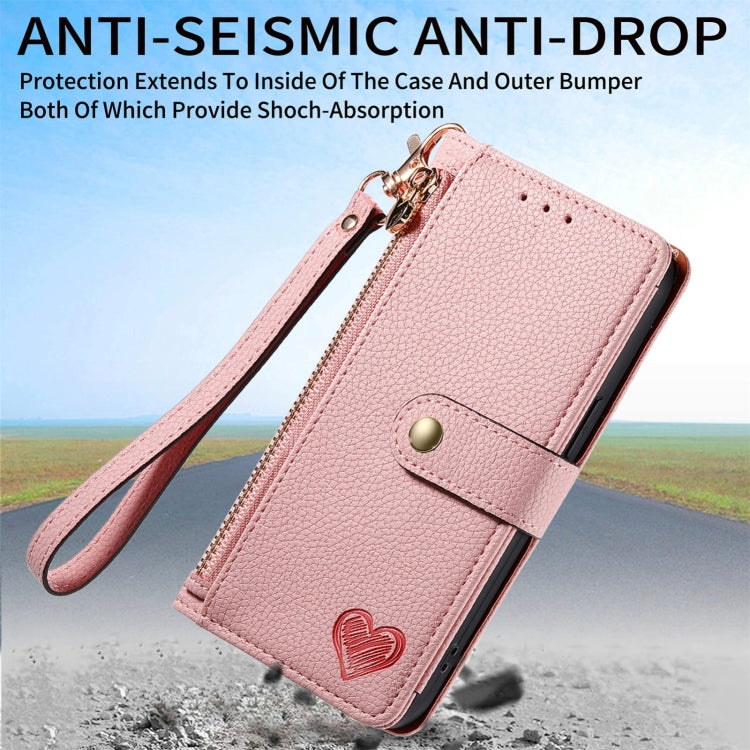 For iPhone 16 Pro Max Love Zipper Lanyard Leather Phone Case(Pink) by buy2fix