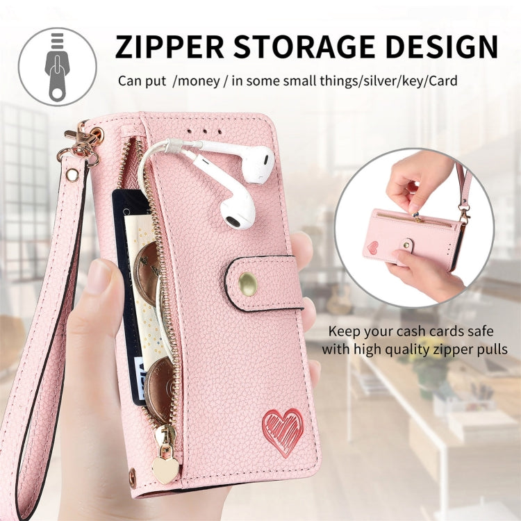 For iPhone 16 Pro Max Love Zipper Lanyard Leather Phone Case(Pink) by buy2fix