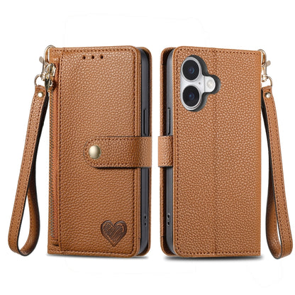 For iPhone 16 Pro Max Love Zipper Lanyard Leather Phone Case(Brown) by buy2fix