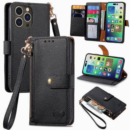 For iPhone 16 Pro Max Love Zipper Lanyard Leather Phone Case(Black) by buy2fix