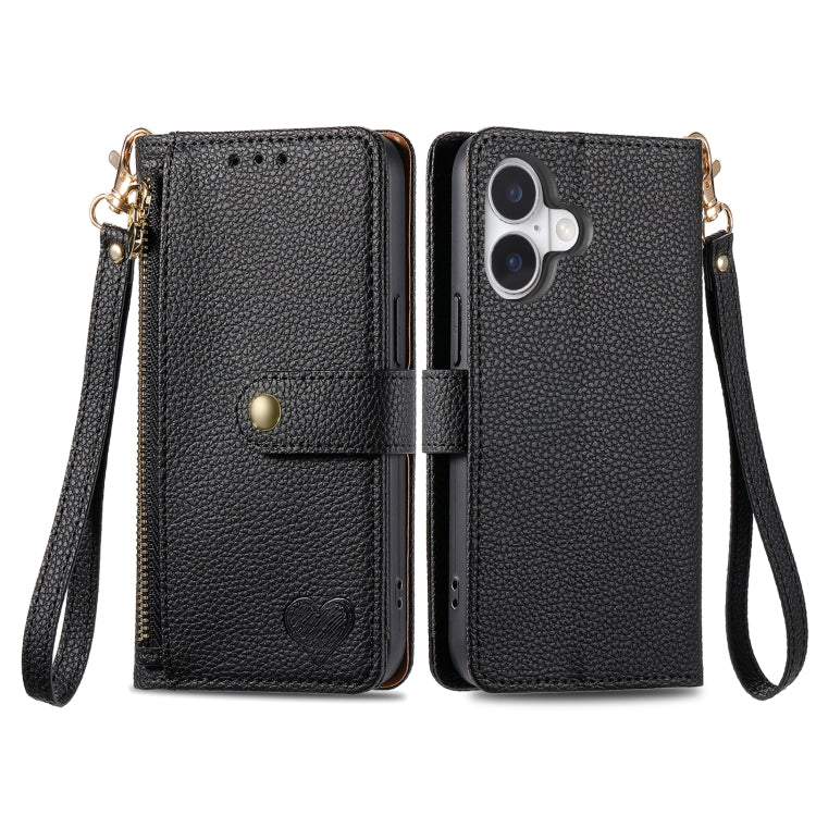 For iPhone 16 Pro Max Love Zipper Lanyard Leather Phone Case(Black) by buy2fix