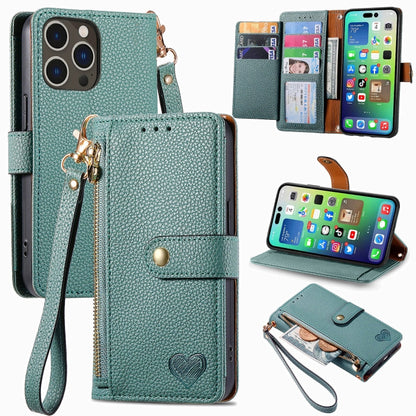 For iPhone 16 Pro Max Love Zipper Lanyard Leather Phone Case(Green) by buy2fix