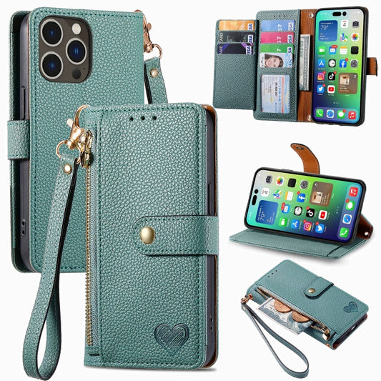For iPhone 16 Pro Max Love Zipper Lanyard Leather Phone Case(Green) by buy2fix