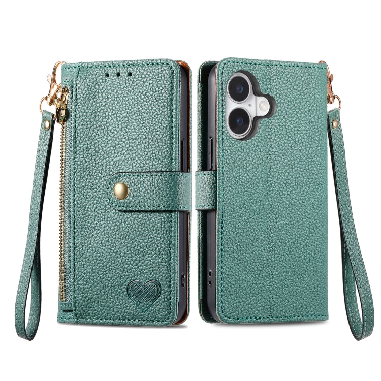 For iPhone 16 Pro Max Love Zipper Lanyard Leather Phone Case(Green) by buy2fix