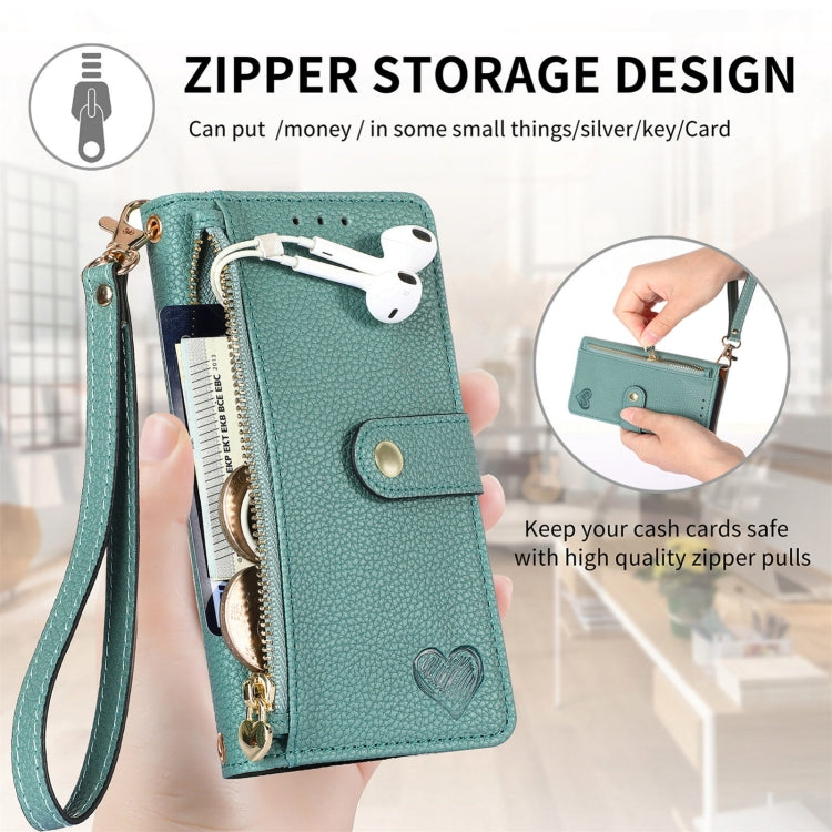 For iPhone 16 Pro Max Love Zipper Lanyard Leather Phone Case(Green) by buy2fix