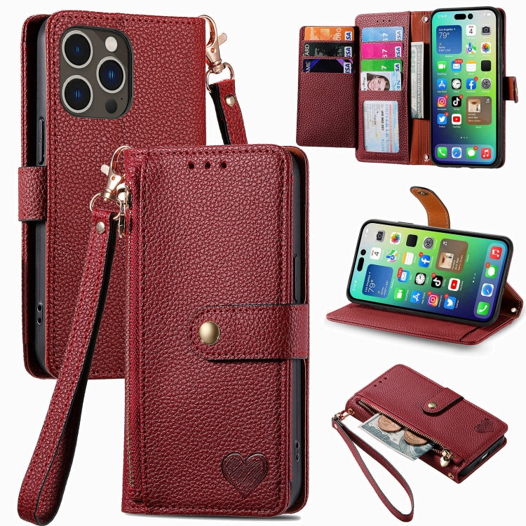 For iPhone 16 Pro Max Love Zipper Lanyard Leather Phone Case(Red) by buy2fix