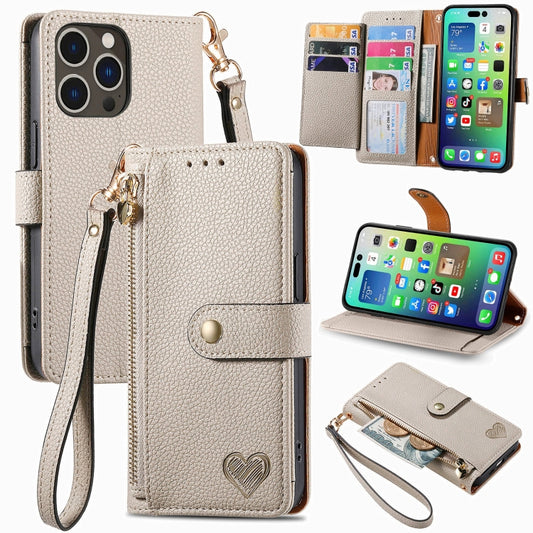 For iPhone 16 Pro Max Love Zipper Lanyard Leather Phone Case(Gray) by buy2fix