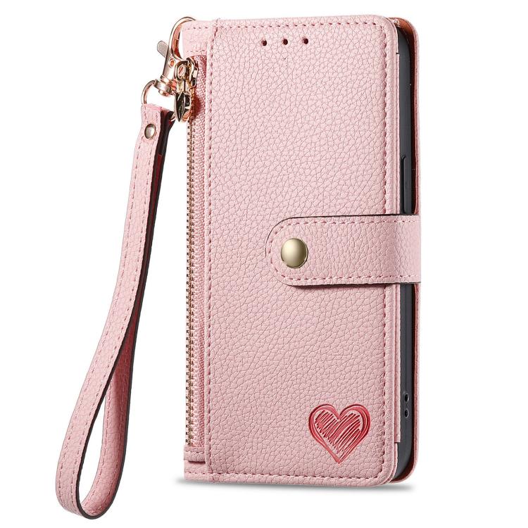 For iPhone 16e Love Zipper Lanyard Leather Phone Case(Pink) - iPhone 16e Cases by buy2fix | Online Shopping UK | buy2fix