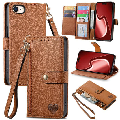 For iPhone 16e Love Zipper Lanyard Leather Phone Case(Brown) - iPhone 16e Cases by buy2fix | Online Shopping UK | buy2fix