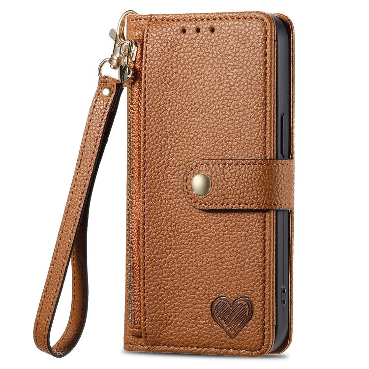 For iPhone 16e Love Zipper Lanyard Leather Phone Case(Brown) - iPhone 16e Cases by buy2fix | Online Shopping UK | buy2fix