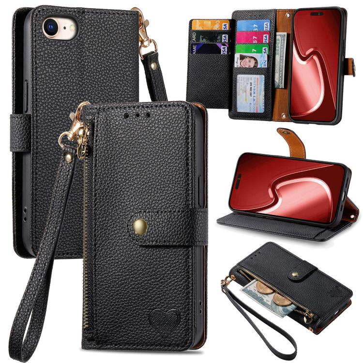 For iPhone 16e Love Zipper Lanyard Leather Phone Case(Black) - iPhone 16e Cases by buy2fix | Online Shopping UK | buy2fix
