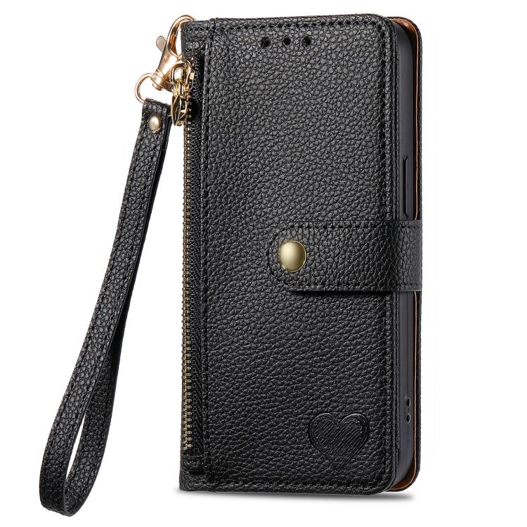 For iPhone 16e Love Zipper Lanyard Leather Phone Case(Black) - iPhone 16e Cases by buy2fix | Online Shopping UK | buy2fix