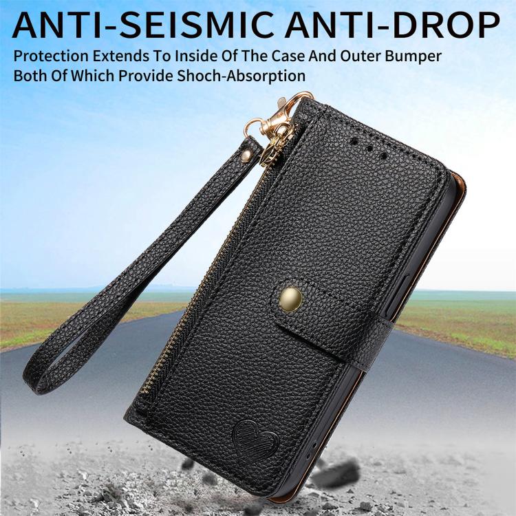 For iPhone 16e Love Zipper Lanyard Leather Phone Case(Black) - iPhone 16e Cases by buy2fix | Online Shopping UK | buy2fix