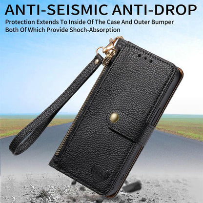 For iPhone 16e Love Zipper Lanyard Leather Phone Case(Black) - iPhone 16e Cases by buy2fix | Online Shopping UK | buy2fix