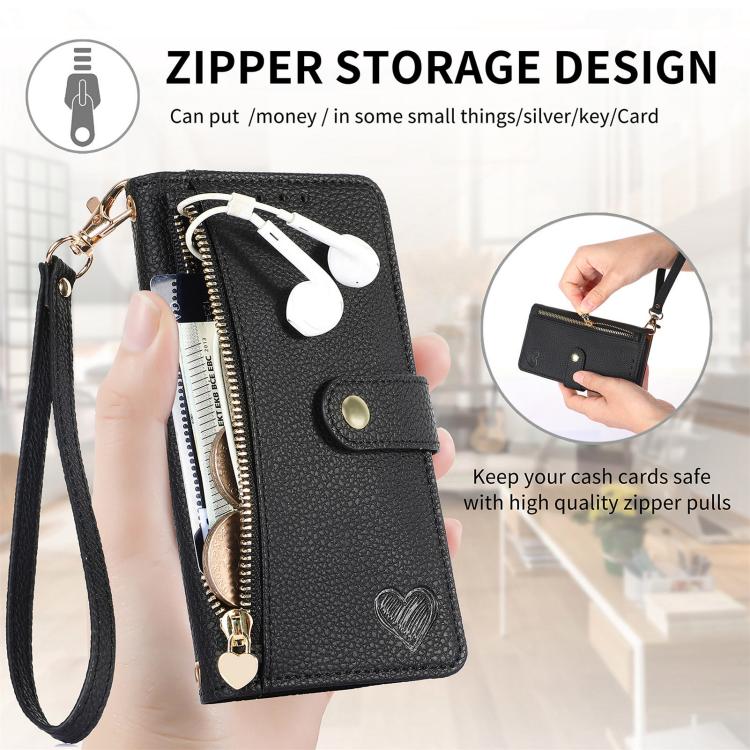 For iPhone 16e Love Zipper Lanyard Leather Phone Case(Black) - iPhone 16e Cases by buy2fix | Online Shopping UK | buy2fix