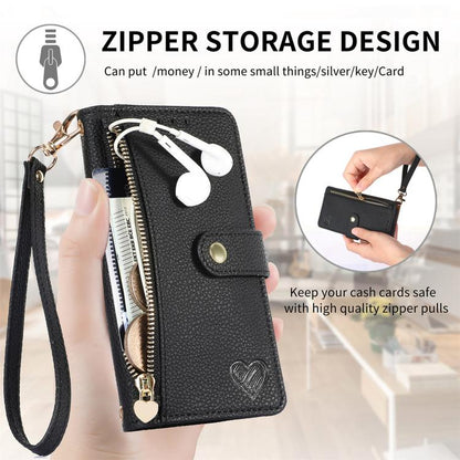 For iPhone 16e Love Zipper Lanyard Leather Phone Case(Black) - iPhone 16e Cases by buy2fix | Online Shopping UK | buy2fix